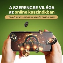 Kezek, amelyek egy rulettkereket, kártyákat és kaszinó zsetonokat megjelenítő okostelefont tartanak, szimbolizálva az online kaszinók világát bingóval, kenóval, lottóval és kaparós sorsjegyekkel.