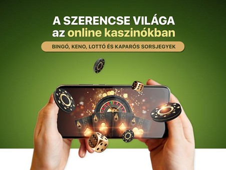 Kezek, amelyek egy rulettkereket, kártyákat és kaszinó zsetonokat megjelenítő okostelefont tartanak, szimbolizálva az online kaszinók világát bingóval, kenóval, lottóval és kaparós sorsjegyekkel.